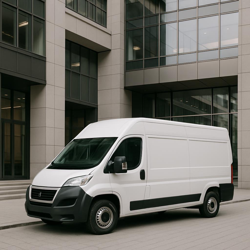 vinyl white cargo van in urban setting.
